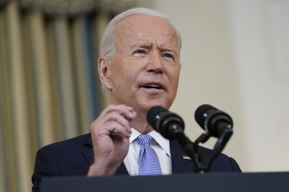 FILE - In this Sept. 24, 2021, file photo President Joe Biden speaks about the COVID-19 response and vaccinations in the State Dining Room of the White House in Washington. Biden is losing support among critical groups in his political base as some of his core campaign promises falter, raising concerns among Democrats that the voters who put him in office may feel less enthusiastic about returning to the polls in next year's midterm elections. (AP Photo/Patrick Semansky, File)