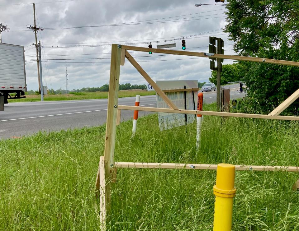 The empty frame where a campaign sign for Derek Harvey had been along Downsville Pike near West Oak Ridge Drive. Harvey, who is running for Washington County commissioner, reported this and similar sign thefts to Maryland State Police.