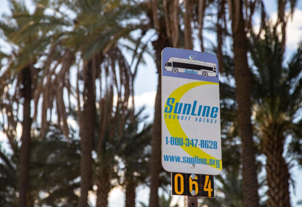 A SunLine bus stop sign is seen along Harrison Street in Oasis, Calif., Thursday, Nov. 3, 2022. 