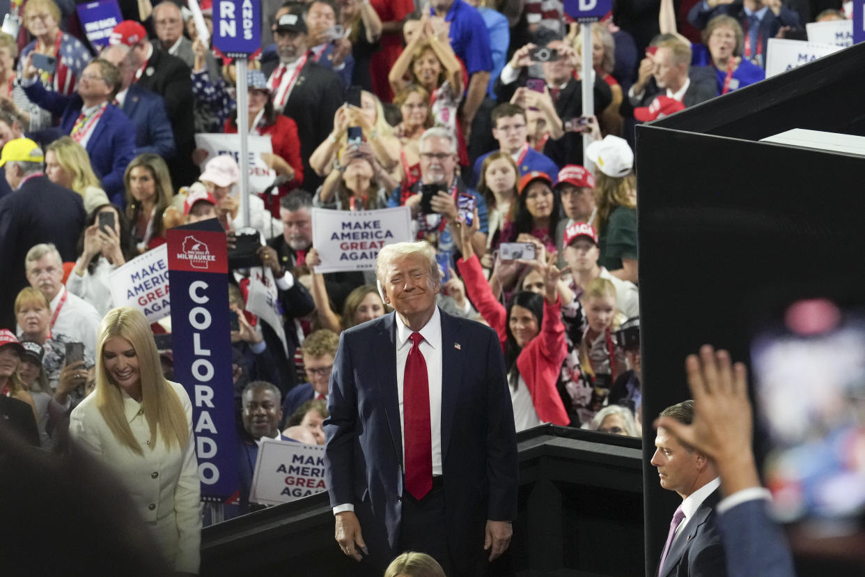 Former President Donald Trump, the Republican presidential nominee, reacts to the crowd as he returns to his seat on the fourth and final night of the Republican National Convention at the Fiserv Forum in Milwaukee, on Thursday, July 18, 2024. (Doug Mills/The New York Times)