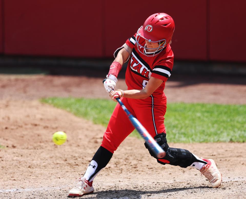 Utah’s Sophie Jacquez, swings on a pitch as the University of Utah softball team plays Ole Miss in NCAA softball regional championship at Utah in Salt Lake City on Sunday, May 21, 2023. Utah won 4-1. | Scott G Winterton, Deseret News