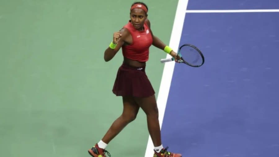 Coco Gauff of the United States celebrates a point against Aryna Sabalenka of Belarus in their Women’s Singles Final match on Day 13 of the 2023 U.S. Open at the USTA Billie Jean King National Tennis Center on Sept. 9, 2023, in the Flushing neighborhood of the Queens borough of New York City. (Photo by Clive Brunskill/Getty Images)