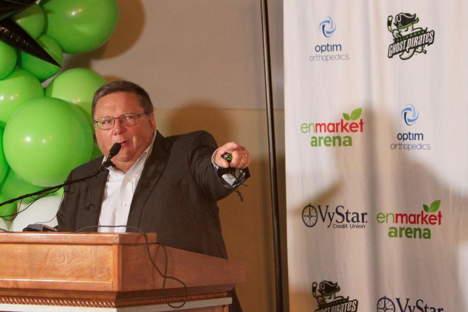 Team president Bob Ohrablo speaks during the press conference to unveil the name the Savannah Ghost Pirates for the city's first professional ice hockey team on Oct. 27, 2021, at Ghost Coast Distillery.