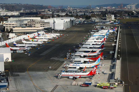 An aerial photo shows several Boeing 737 MAX airplanes grounded at Boeing Field in Seattle, Washington, U.S. March 21, 2019. REUTERS/Lindsey Wasson