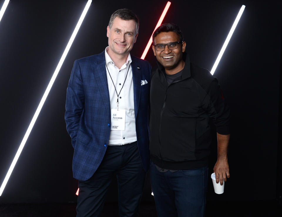 President of Verizon Consumer Group Ronan Dunne (L) and CEO at Verizon Media K. Guru Gowrappan appear at the 2019 Verizon Media NewFront on April 30, 2019 in New York City. Photo: Noam Galai/Getty Images for Verizon Media