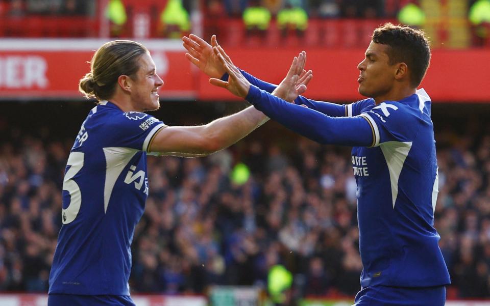 Thiago Silva celebrates scoring the opener with Conor Gallagher