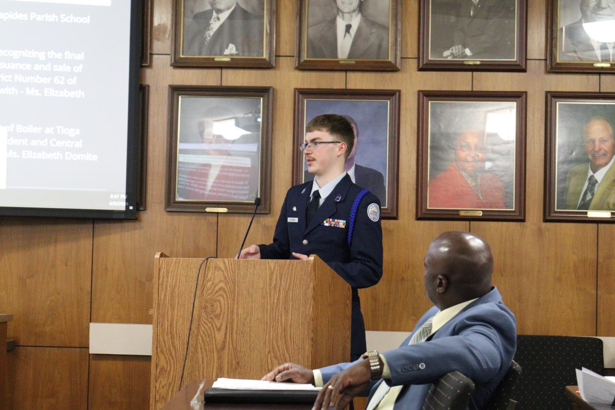 James Atwood, squadron commander of the Bolton High School U.S. Air Force JROTC, tells Rapides Parish School Board members how much the program helps students in their growth.