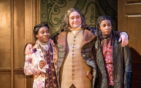 Fisayo Akinade, Christian Patterson and Simon Manyonda in The Way of the World - Credit: Johan Persson