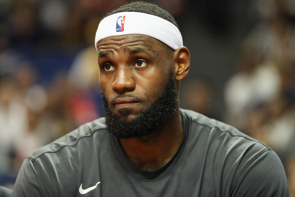 SHANGHAI, CHINA - OCTOBER 10:  LeBron James #23 of the Los Angeles Lakers reacts during a preseason game against the Brooklyn Nets as part of 2019 NBA Global Games China at Mercedes-Benz Arena on October 10, 2019 in Shanghai, China. NOTE TO USER: User expressly acknowledges and agrees that, by downloading and/or using this photograph, user is consenting to the terms and conditions of the Getty Images License Agreement. (Photo by Lintao Zhang/Getty Images)