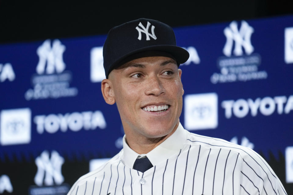 New York Yankees' Aaron Judge participates in a news conference at Yankee Stadium, Wednesday, Dec. 21, 2022, in New York. Judge has been appointed captain of the New York Yankees after agreeing to a $360 million, nine-year contract to remain in pinstripes. (AP Photo/Seth Wenig)