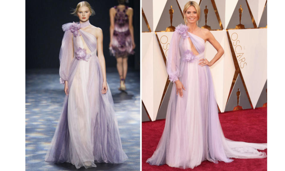 <p>Klum chose not to wear the choker element of her Marchesa gown — though we actually prefer the way the runway look was styled. <i>(Photos: Getty Images)</i></p>