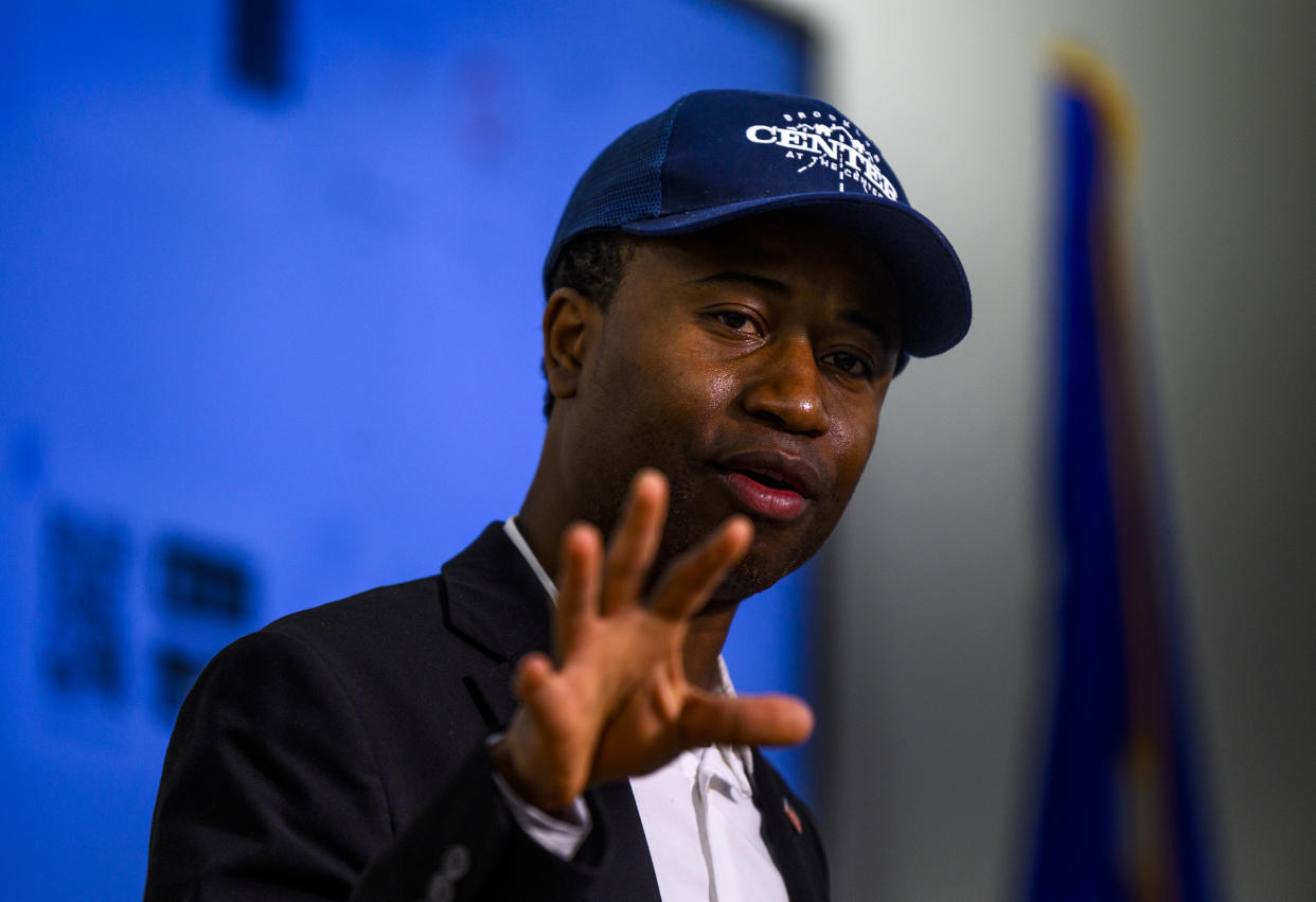 Brooklyn Center Mayor Mike Elliott speaks during a press conference about the death of 20-year-old Daunte Wright at the Brooklyn Center police headquarters on April 12, 2021 in Brooklyn Center, Minnesota. (Stephen Maturen/Getty Images)