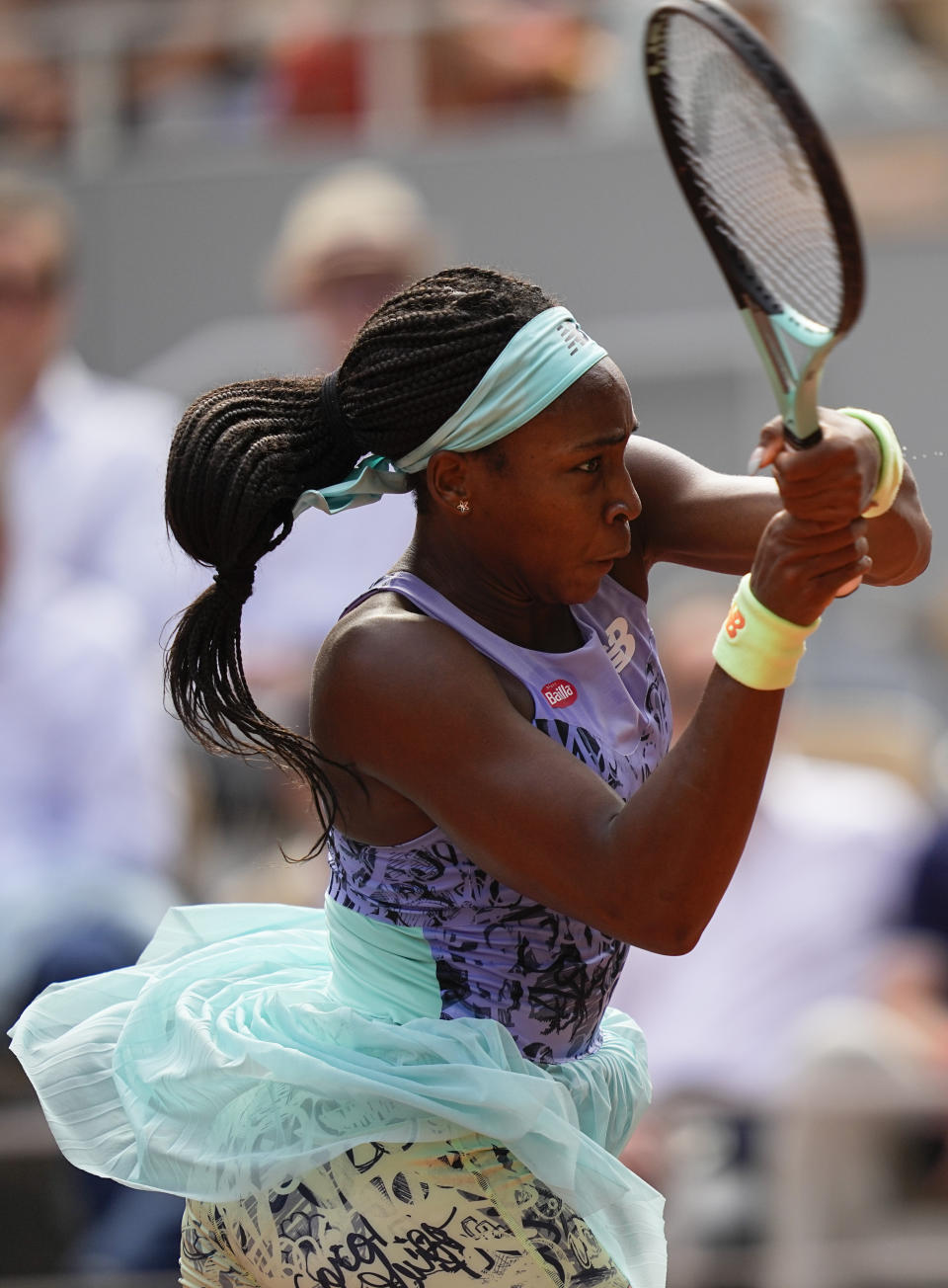 Coco Gauff of the U.S. plays a shot against Italy's Martina Trevisan during their semifinal match at the French Open tennis tournament in Roland Garros stadium in Paris, France, Thursday, June 2, 2022. (AP Photo/Michel Euler)