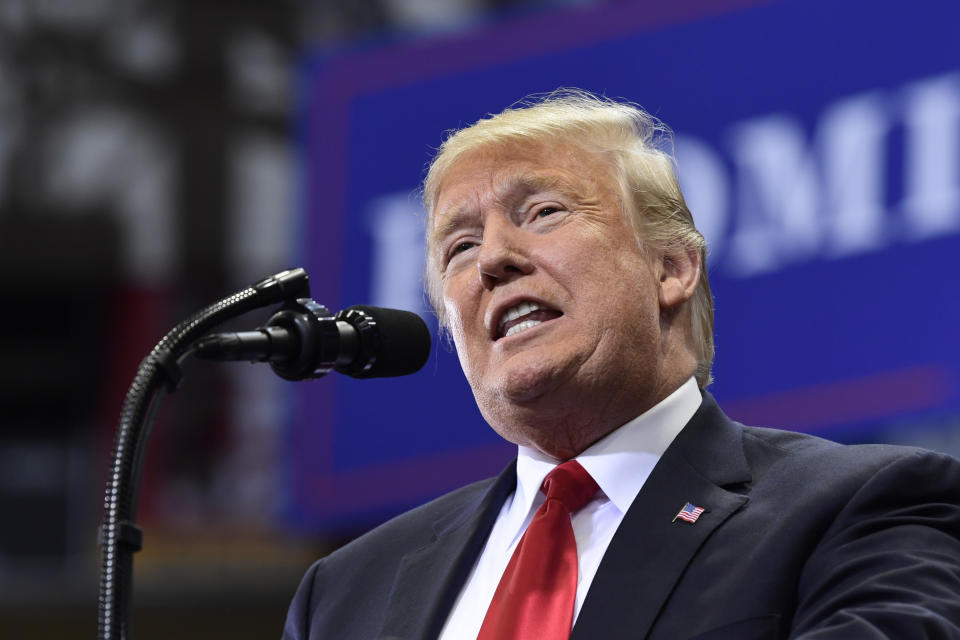 President Donald Trump speaks during a rally in Estero, Fla., Wednesday, Oct. 31, 2018. Trump is campaigning for Florida Republican Gov. Rick Scott, who is challenging incumbent Democratic Sen. Bill Nelson for a seat in the Senate. (AP Photo/Susan Walsh)