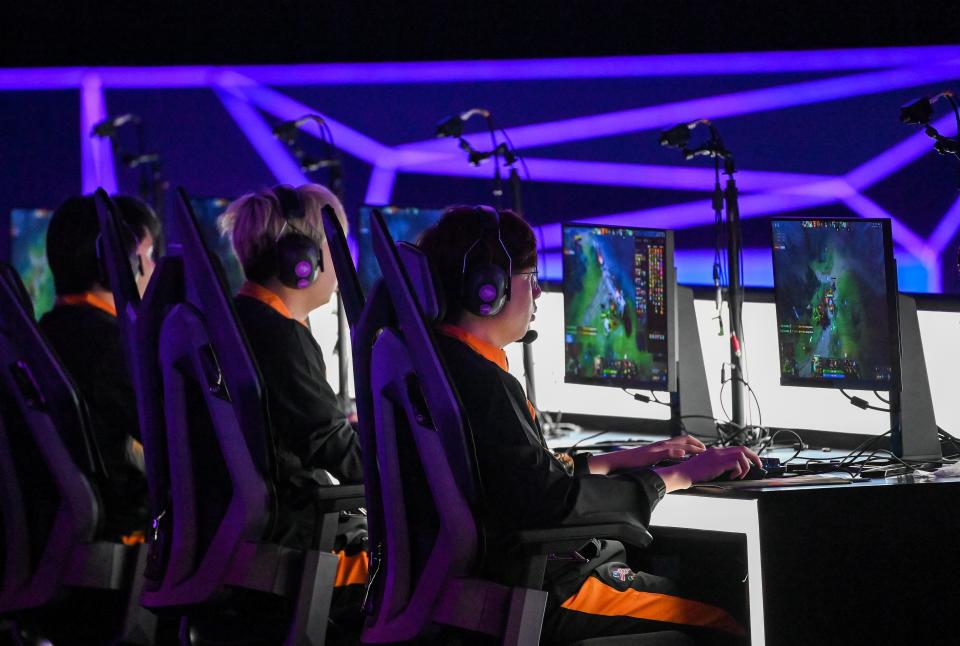 Team Malaysia compete during the DOTA2 Semifinal of Esports between China and Malaysia at the 19th Asian Games in Hangzhou, east China's Zhejiang Province, Oct. 1,