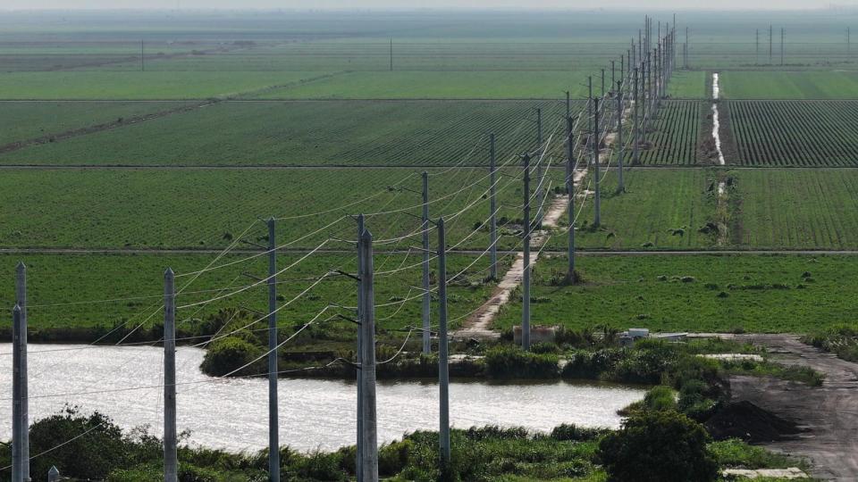 PHOTO: In an aerial view, high voltage power lines run along the electrical power grid on May 16, 2024, in West Palm Beach, Fla. (Joe Raedle/Getty Images)