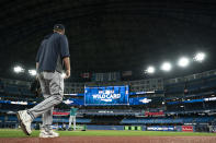 The Seattle Mariners take to the field during a baseball workout, Thursday, Oct. 6, 2022, in Toronto, ahead of the team's wildcard playoff game against the Toronto Blue Jays. (Alex Lupul/The Canadian Press via AP)