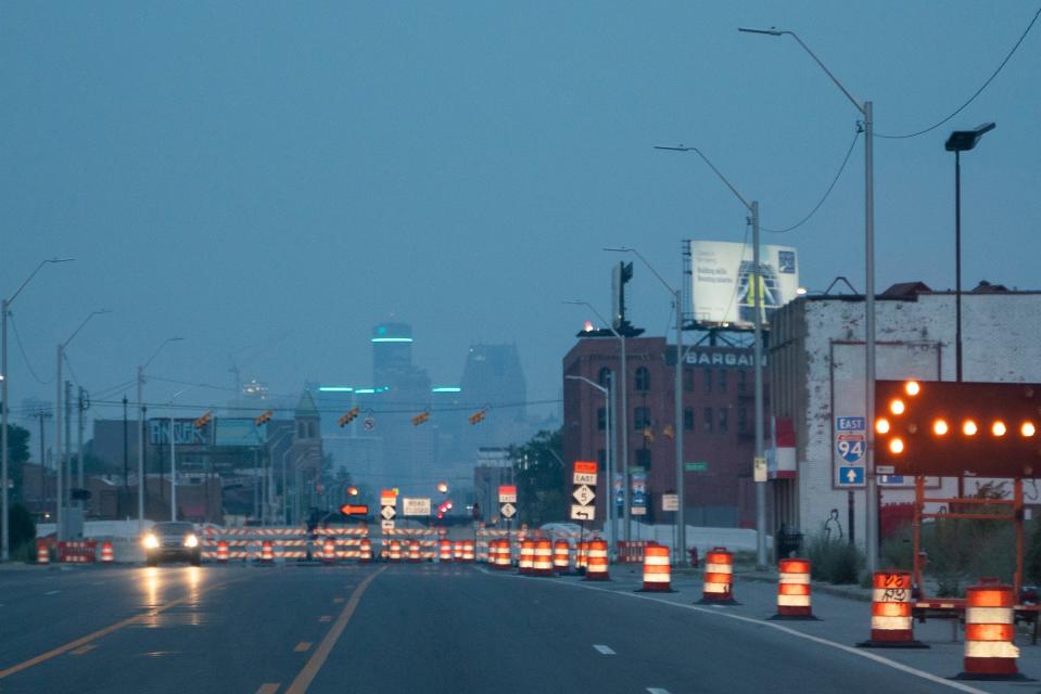 The GM Renaissance Center is seen through haze and smoke caused by wildfires in Canada in Detroit on Tuesday, June 6, 2023.