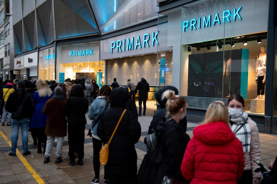 Early morning shoppers at Primark, in Birmingham, as England takes another step back towards normality with the further easing of lockdown restrictions. Picture date: Monday April 12, 2021.