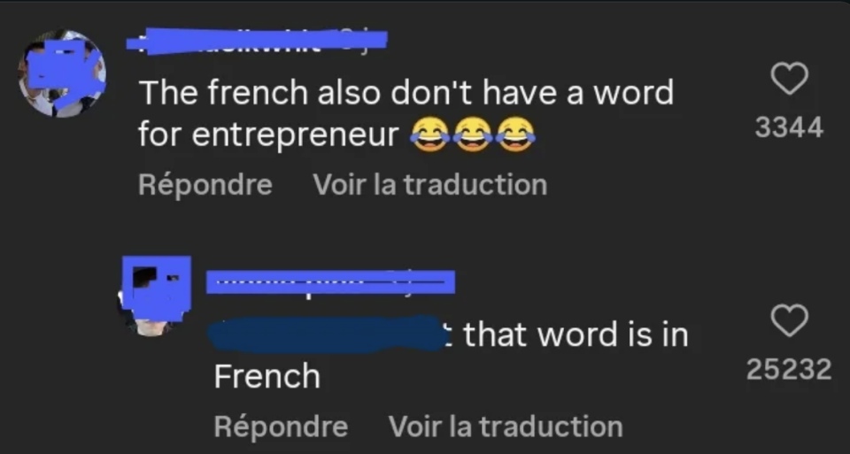 Two social media comments joking about the French word for entrepreneur, with one person not realizing it's originally French