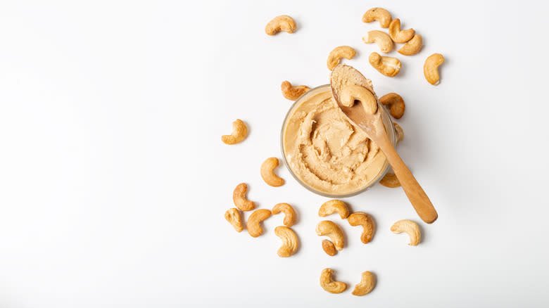 Cashew butter on white background