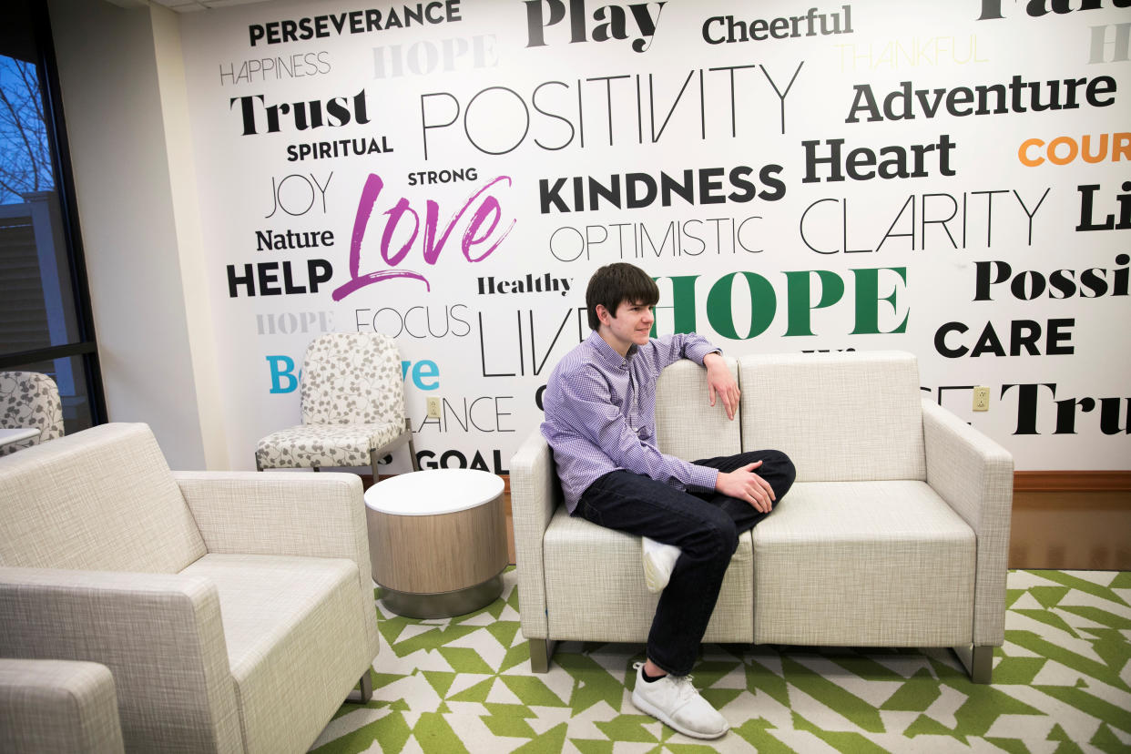 Danny Reagan sits in a common room at the Lindner Center of Hope in Mason, Ohio.