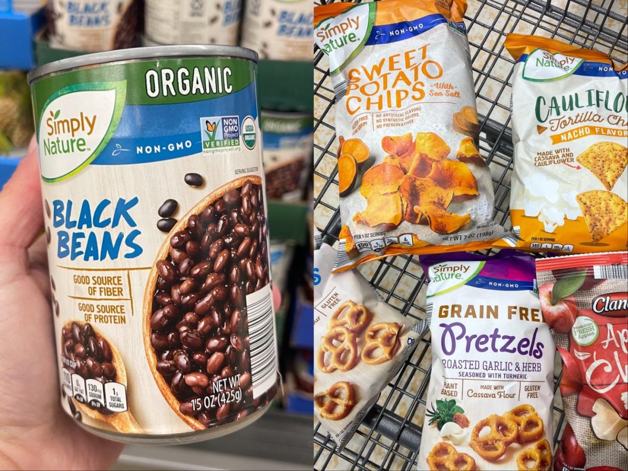 On the left, a hand holding a can of Simply Nature black beans. On the right, five bags of assorted chips and pretzels in a cart.