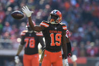 <p>Breshad Perriman #19 of the Cleveland Browns celebrates a first down against the Atlanta Falcons at FirstEnergy Stadium on November 11, 2018 in Cleveland, Ohio. (Photo by Jason Miller/Getty Images) </p>