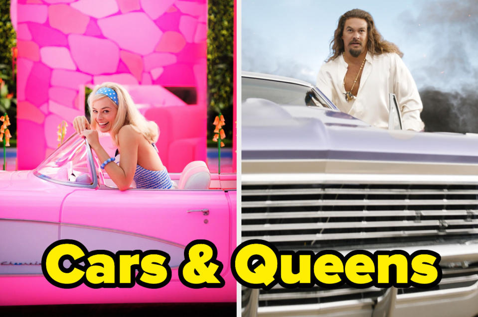 Margot as Barbie sitting in a convertible in a scene from "Barbie" on the left and Jason Momoa emerging from a car in a scene from "Fast X" on the right