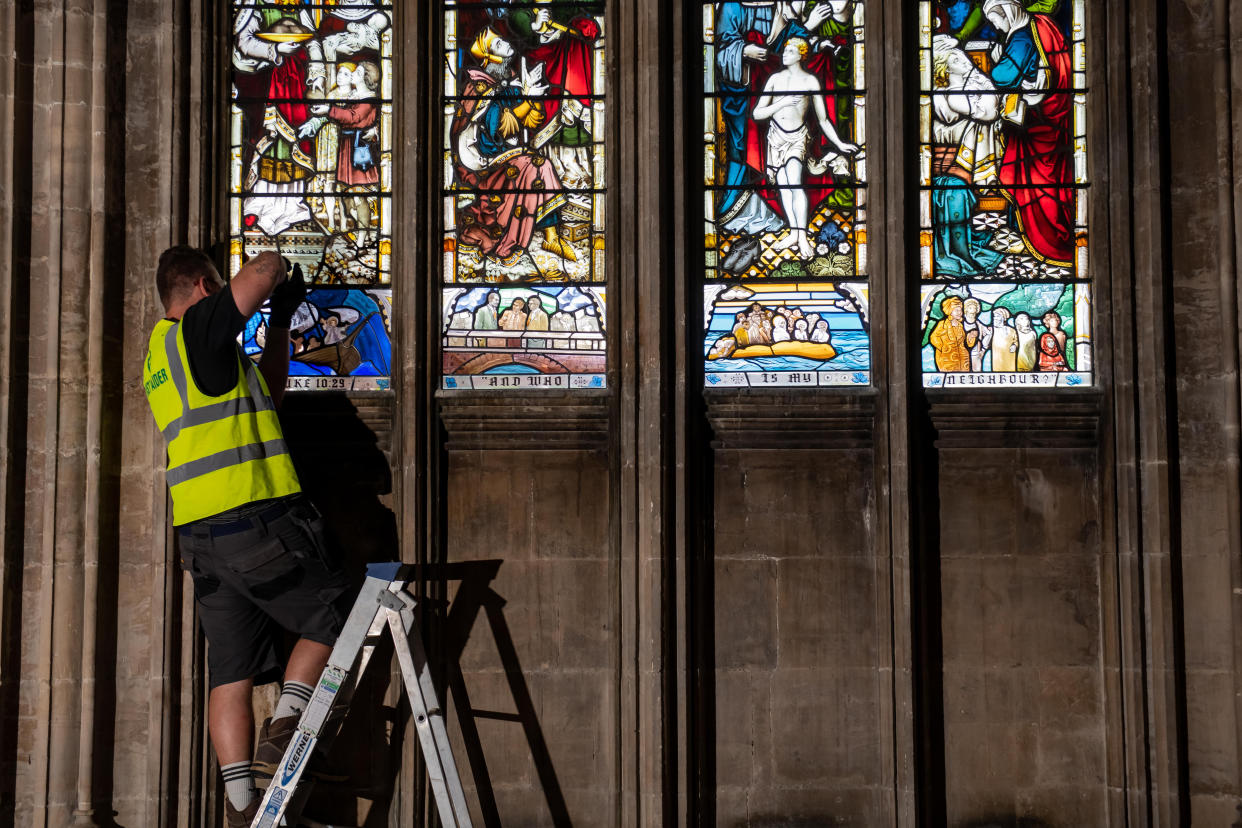 The new stained glass windows are installed at St Mary Redcliffe Church, in Bristol. (SWNS)