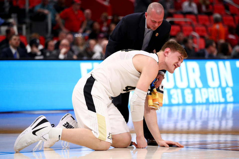 Isaac Haas suffered a broken elbow in Purdue’s NCAA tournament win over Cal State Fullerton. (Getty)