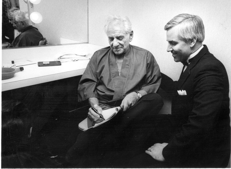 A 1987 photo of then-University Musical Society president Ken Fischer with Leonard Bernstein backstage at Hill Auditorium on the evening that Fischer asked Bernstein to return to the University of Michigan in 1988 for his 70th birthday concert tour.