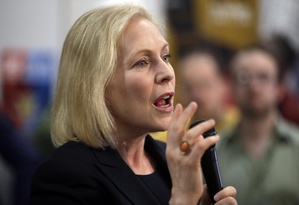Democratic presidential candidate Sen. Kirsten Gillibrand, D-N.Y., speaks during a campaign meet-and-greet, Friday, March 15, 2019, at To Share Brewing in Manchester, N.H. (AP Photo/Elise Amendola)