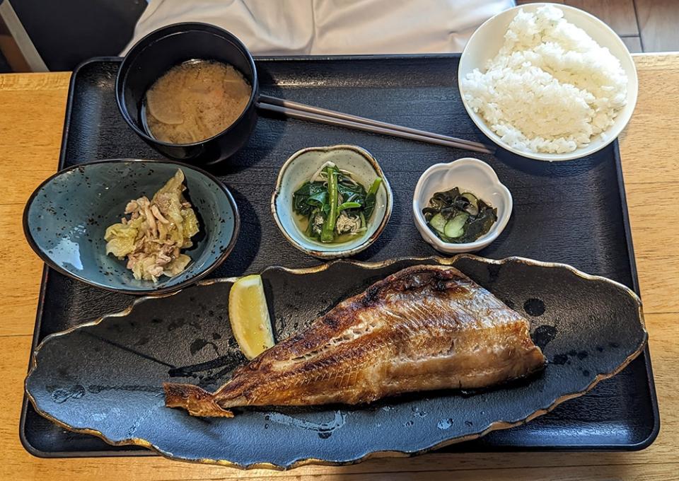 The Grilled 'Hokke' Fish Set comes with rice, miso soup and a few other side dishes.