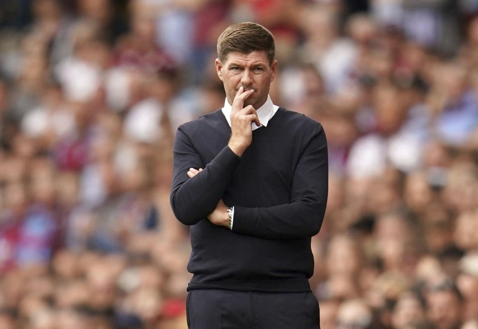 Aston Villa manager Steven Gerrard gestures on the side line, during the English Premier League soccer match between Aston Villa and West Ham at Villa Park, Birmingham, England, Sunday, Aug. 28, 2022. (Nick Potts/PA via AP)