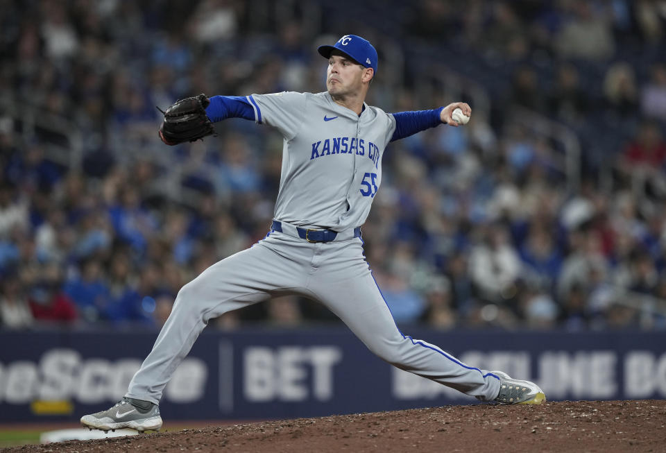Kansas City Royals pitcher Cole Ragans (55) works against the Toronto Blue Jays during the seventh inning of a baseball game, Tuesday, April 30, 2024 in Toronto.(Nathan Denette/The Canadian Press via AP)