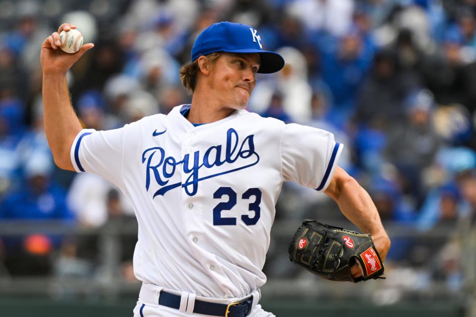 Kansas City Royals starting pitcher Zack Greinke throws against the Cleveland Guardians during the first inning of a baseball game, Thursday, April 7, 2022 in Kansas City, Mo. (AP Photo/Reed Hoffmann)