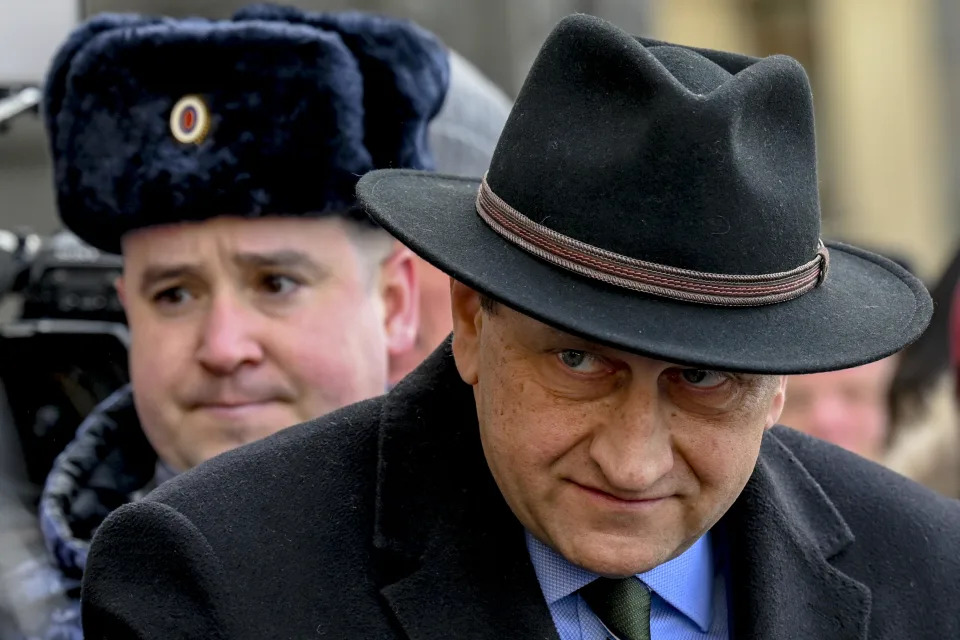 German Ambassador to Russia Alexander Graf Lambsdorff, is seen outside of Russian Foreign Ministry building in Moscow after being summoned to appear following the publication by Russian media of an audio recording of a meeting between senior German military officials discussing weapons for Ukraine, March 4, 2024. / Credit: Sefa Karacan/Anadolu/Getty