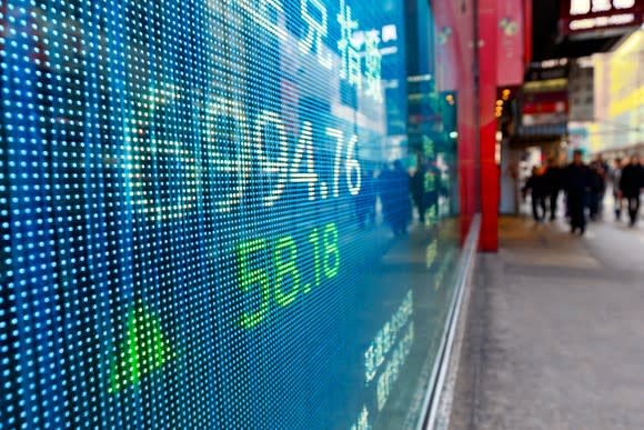 Electronic board displaying stock prices along a street.