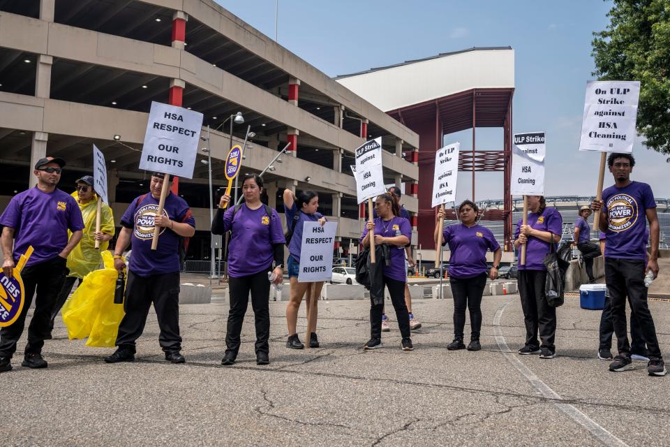 Workers for HSA Cleaning Inc., a contractor responsible for cleaning American Dream Mall, and SEIU Local 32BJ hold a rally to strike at American Dream Mall on Saturday, August 12, 2023.
