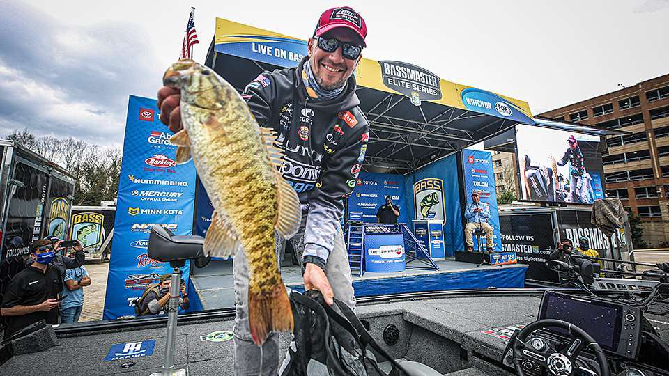 Jeff Gustafson at the Bassmaster Elite final weigh in on the Tennessee River, Sunday, Feb 28, 2020.  He won the event and is featured in a new video game. 