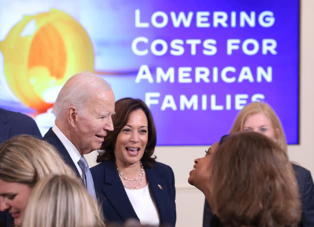 President Joe Biden and Vice President Kamala Harris greet the audience during an event on lowering health care costs in the East Room of the White House on August 29, 2023, in Washington. The Biden administration announced the first 10 drugs that will now be sold at lower prices after negotiations with Medicare. 