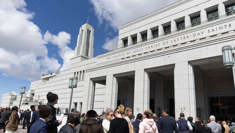 Conferencegoers gather after the Sunday morning session of the 194th Annual General Conference of The Church of Jesus Christ of Latter-day Saints at the Conference Center in Salt Lake City on April 7, 2024.