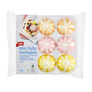 <p>Light and crisp meringues flavoured with passionfruit, blood orange and raspberry, and just 105 kjs per serve - $4.00 - Coles</p><br>