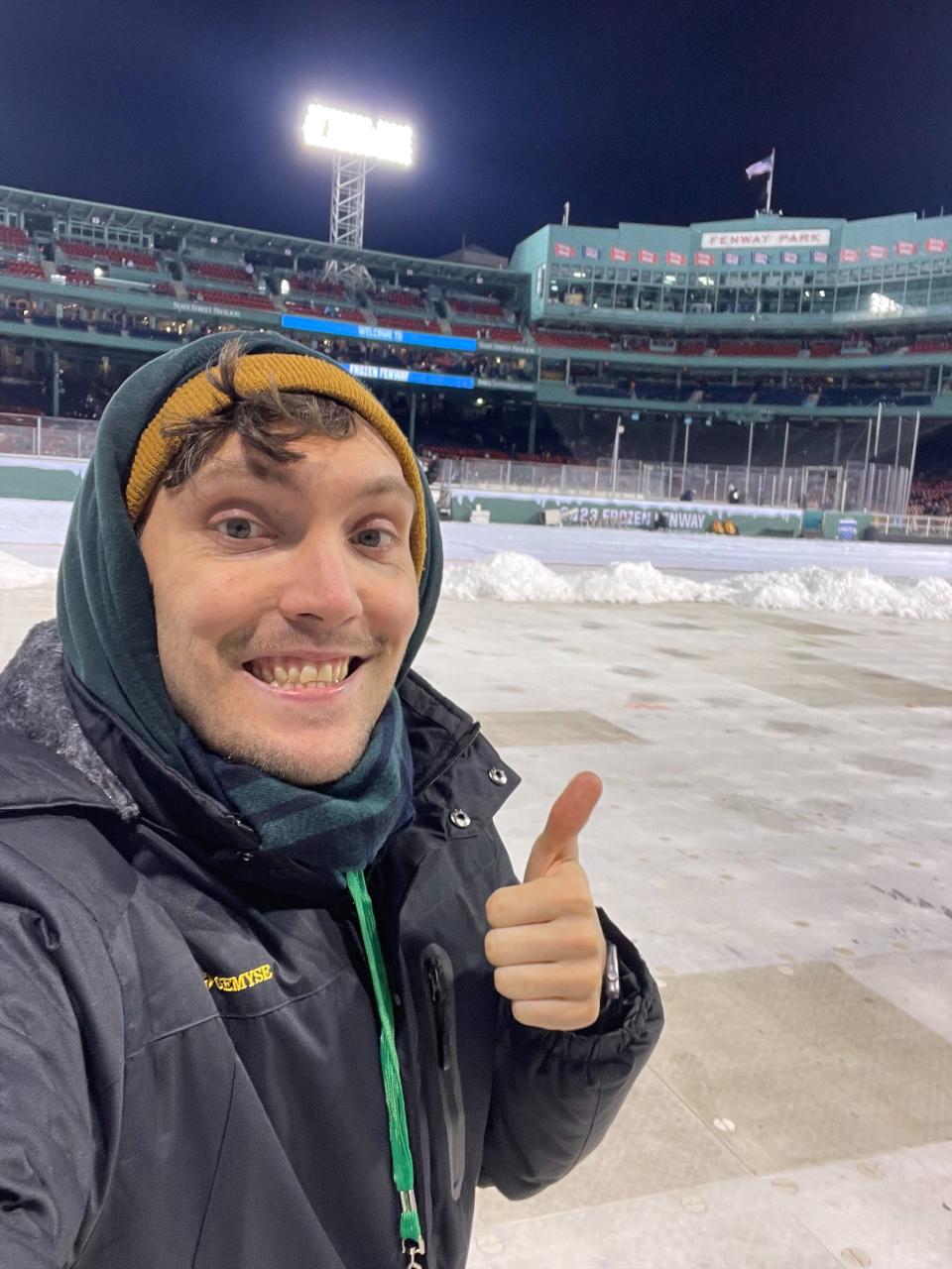 New MetroWest and Milford Daily News sports reporter Kyle Grabowski at Fenway Park covering Frozen Fenway in January 2023.
