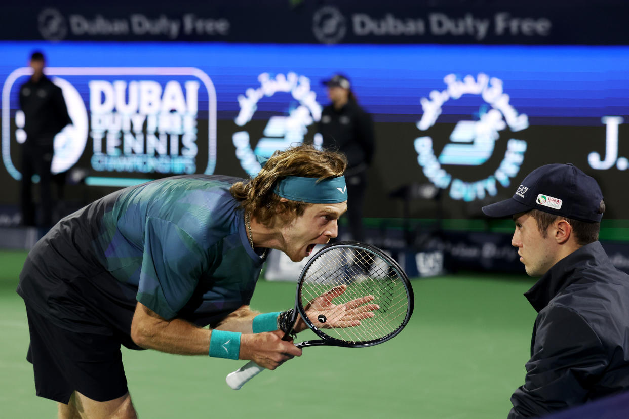 DUBAI, UNITED ARAB EMIRATES - MARCH 01: Andrey Rublev shouts at line judge while playing against Alexander Bublik of Kazakhstan in their semifinal match during the Dubai Duty Free Tennis Championships at Dubai Duty Free Tennis Stadium. (Photo by Christopher Pike/Getty Images)