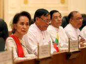 Myanmar State Counselor Aung San Suu Kyi attends the bilateral meeting with Chinese President Xi Jinping (not pictured) at the Presidential Palace in Naypyitaw