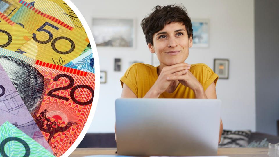 Composite image of a woman sitting at her laptop thinking, and Australian money, to represent tax