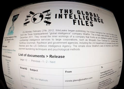 This February 27, 2012 photo shows a screen from the website Wikileaks as it it began the publication of more than five million emails from the US private intelligence firm Stratfor. WikiLeaks founder Julian Assange is planning to run for election to the Australian Senate, the organisation announced Saturday on Twitter