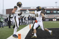 California tight end Jake Tonges (85) celebrates his touchdown with fulllback Drew Schlegel (49) during the second half of an NCAA college football game against Oregon State in Corvallis, Ore., Saturday, Nov. 21, 2020. Oregon State won 31-27. (AP Photo/Amanda Loman)
